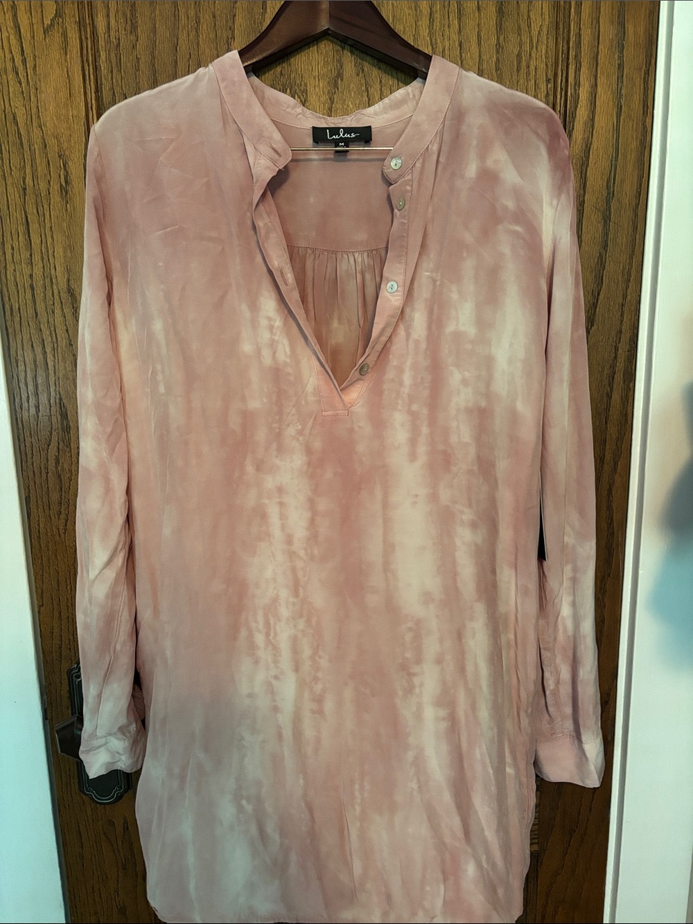 Lulu's Dusty Pink Tie-Dye Button V-Neck Tunic